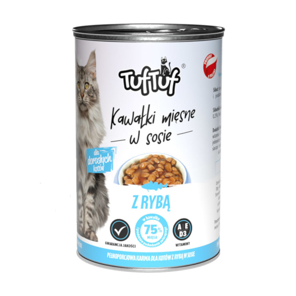 Karma mokra dla kota w sosie TUF TUF wysoka zawartość mięsa z rybą 415 g puszka
