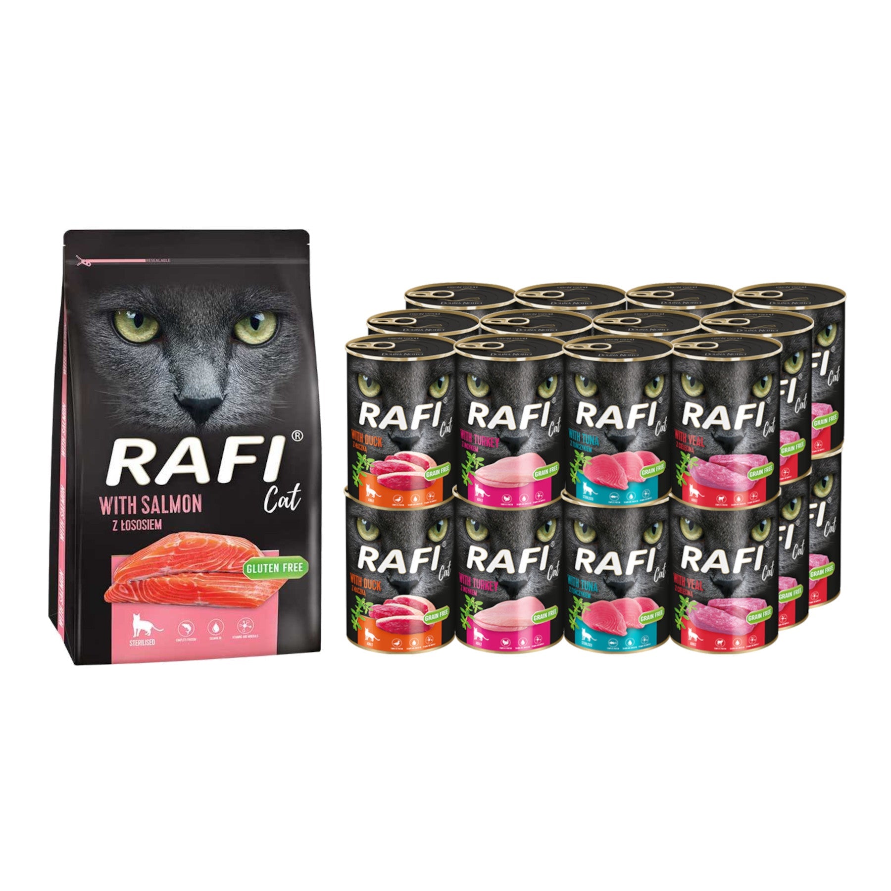 Zestaw karmy dla kota Rafi mix puszka 400 g x24 + worek 1,5 łosoś