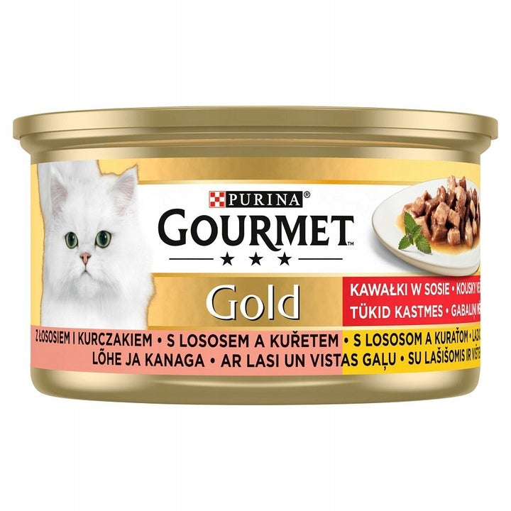 Karma dla kota puszka PURINA Gold z łososiem i kurczakiem w sosie puszka 85 g bez konserwantów